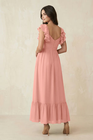 Rosette Flutter Sleeve Sweetheart A-Line Chiffon Bridesmaid Dress (2) | KISSBRIDAL