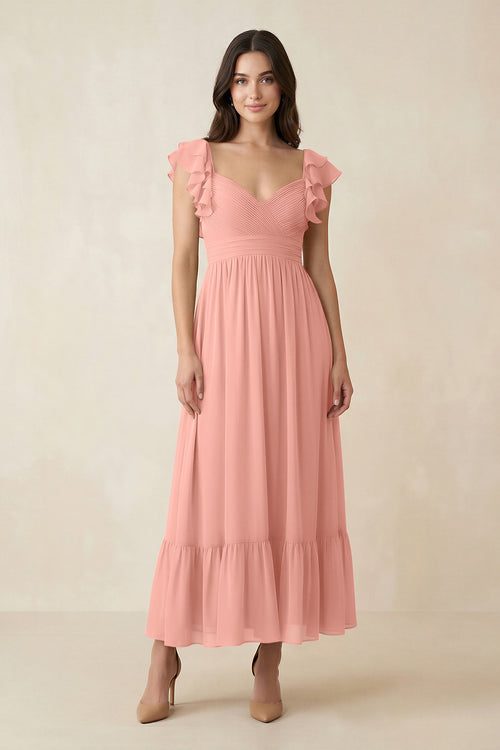 Rosette Flutter Sleeve Sweetheart A-Line Chiffon Bridesmaid Dress | KISSBRIDAL