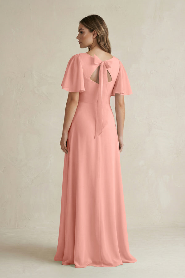Rosette Flutter Sleeve V-Neck A-Line Chiffon Bridesmaid Dress (2) | KISSBRIDAL