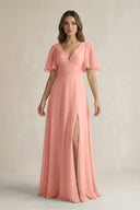 Rosette Flutter Sleeve V-Neck A-Line Chiffon Bridesmaid Dress | KISSBRIDAL
