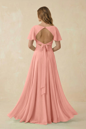Rosette Flutter Sleeve V-Neck Chiffon A-Line Bridesmaid Dress (2) | KISSBRIDAL