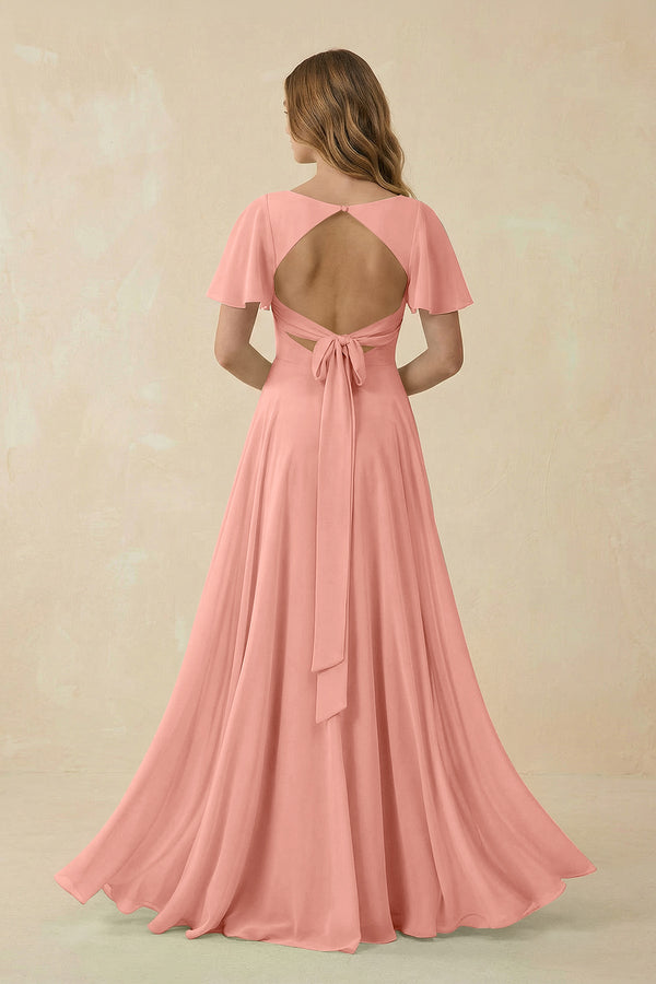 Rosette Flutter Sleeve V-Neck Chiffon A-Line Bridesmaid Dress (2) | KISSBRIDAL