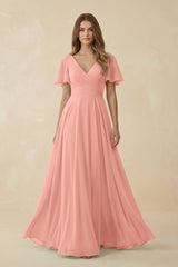 Rosette Flutter Sleeve V-Neck Chiffon A-Line Bridesmaid Dress | KISSBRIDAL