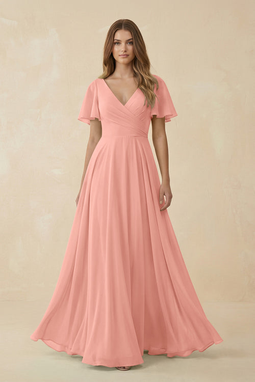 Rosette Flutter Sleeve V-Neck Chiffon A-Line Bridesmaid Dress | KISSBRIDAL