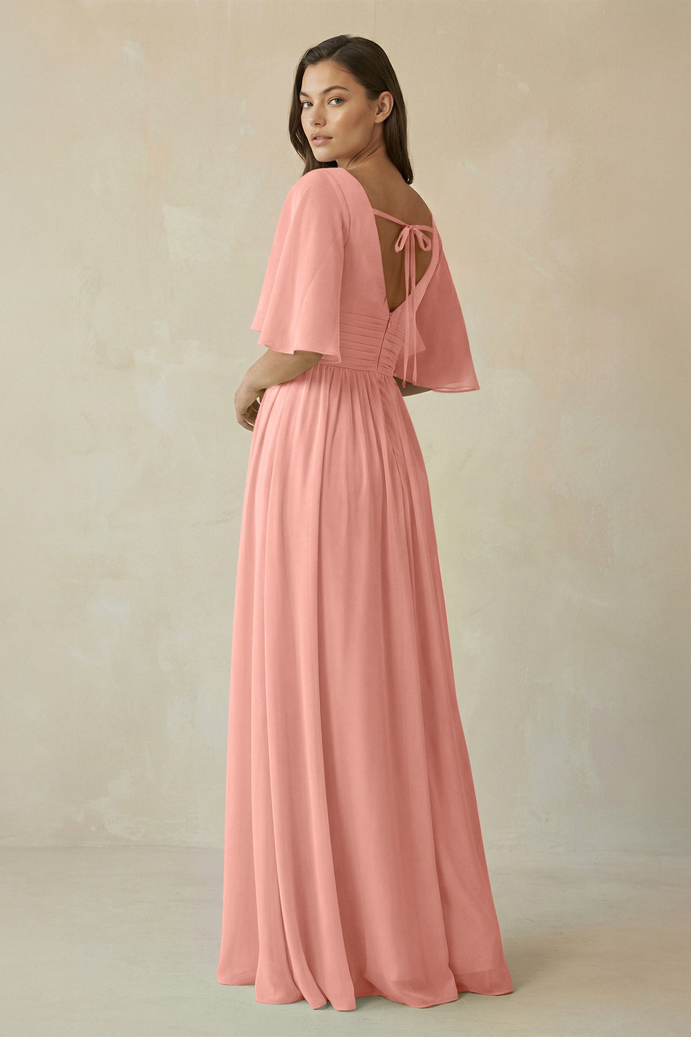 Half Sleeve V-Neck A-Line Chiffon Bridesmaid Gown in Rosette