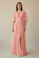 Rosette Half Sleeve V-Neck A-Line Chiffon Bridesmaid Gown | KISSBRIDAL