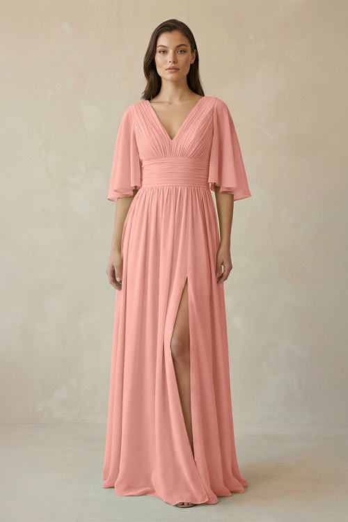 Rosette Half Sleeve V-Neck A-Line Chiffon Bridesmaid Gown | KISSBRIDAL