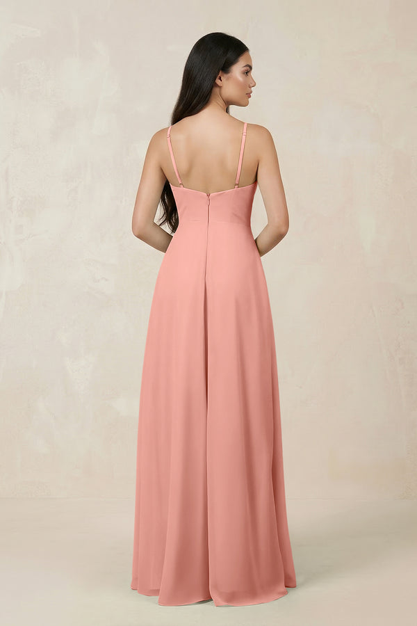 Rosette Halter Chiffon A-Line Bridesmaid Dress With Slit (2) | KISSBRIDAL