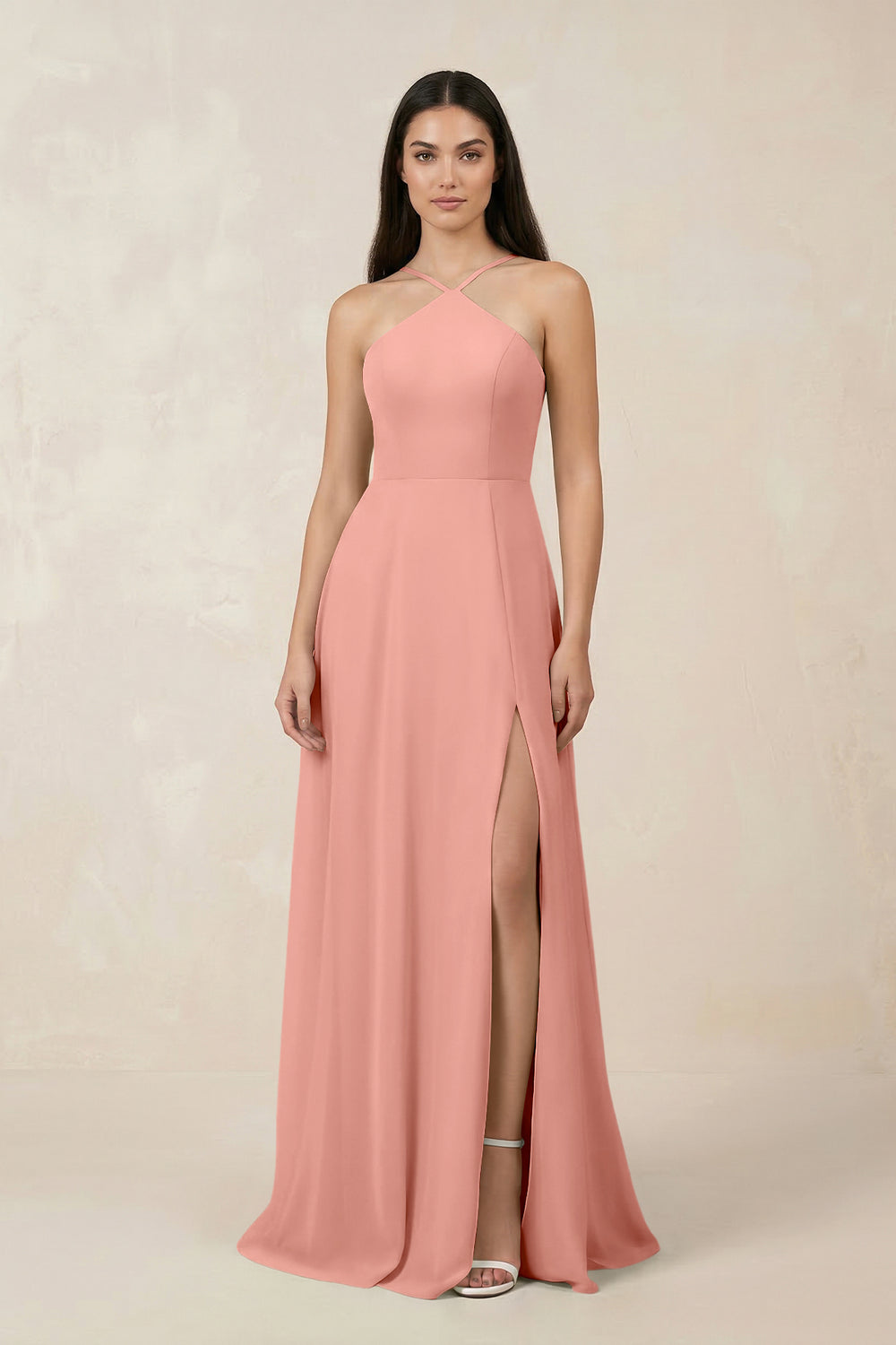 Halter Chiffon A-Line Bridesmaid Dress With Slit in Rosette