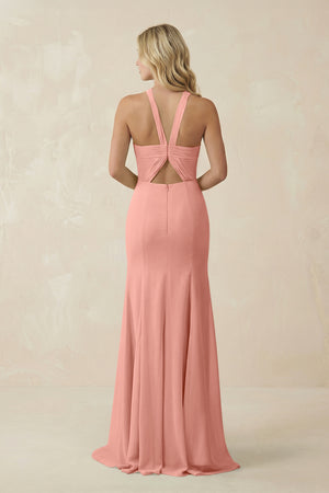 Rosette Halter Chiffon Mermaid Ruched Bridesmaid Dress (2) | KISSBRIDAL