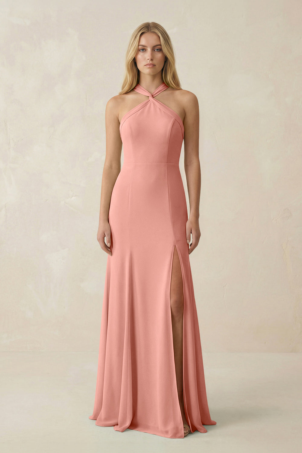 Halter Chiffon Mermaid Ruched Bridesmaid Dress in Rosette