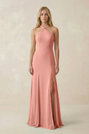 Rosette Halter Chiffon Mermaid Ruched Bridesmaid Dress | KISSBRIDAL