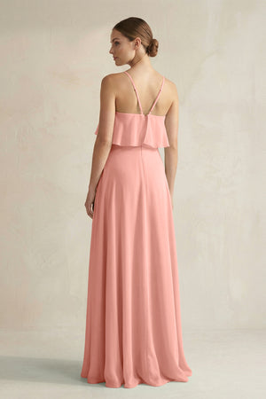 Rosette Halter Neck A-Line Chiffon Bridesmaid Dress with Keyhole (2) | KISSBRIDAL