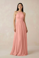 Rosette Halter Neck A-Line Chiffon Bridesmaid Dress | KISSBRIDAL