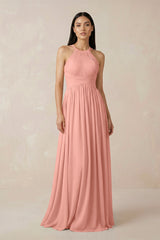 Rosette Halter Neck A-Line Chiffon Bridesmaid Dress | KISSBRIDAL