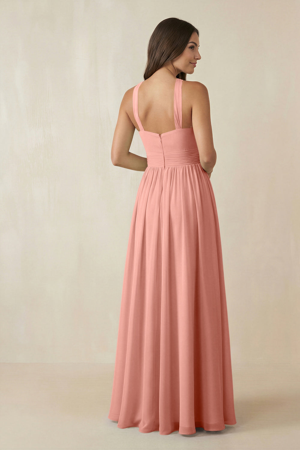 Halter Neck Ruched A-Line Chiffon Bridesmaid Dress in Rosette