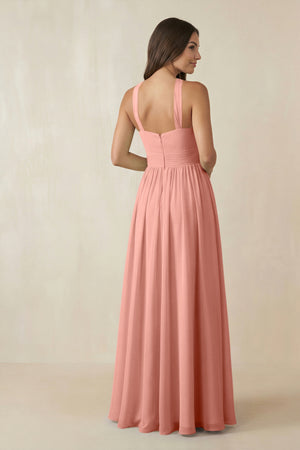 Rosette Halter Neck Ruched A-Line Chiffon Bridesmaid Dress (2) | KISSBRIDAL