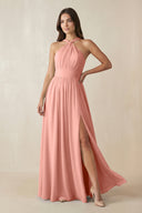 Rosette Halter Neck Ruched A-Line Chiffon Bridesmaid Dress | KISSBRIDAL