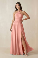 Rosette Halter Neck Ruched A-Line Chiffon Bridesmaid Dress | KISSBRIDAL