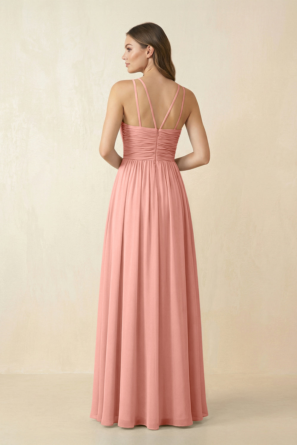 Halter Pleated A-Line Chiffon Bridesmaid Dress in Rosette