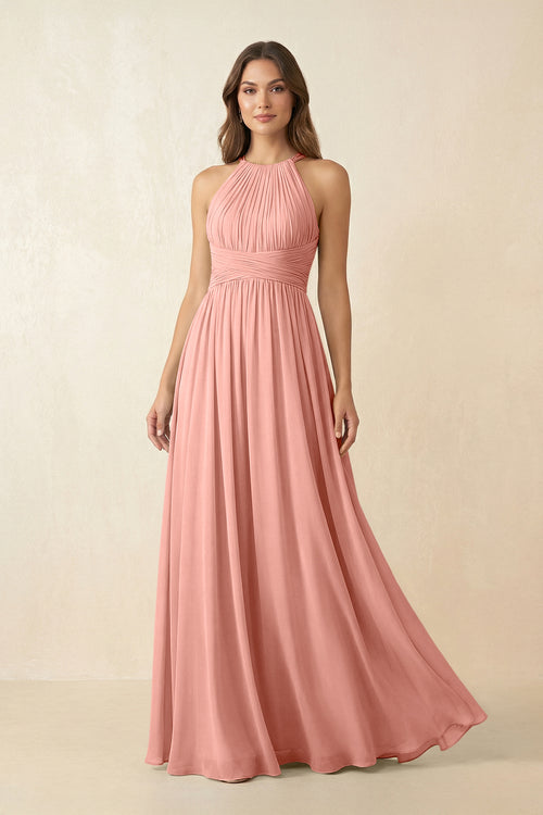 Rosette Halter Pleated A-Line Chiffon Bridesmaid Dress | KISSBRIDAL
