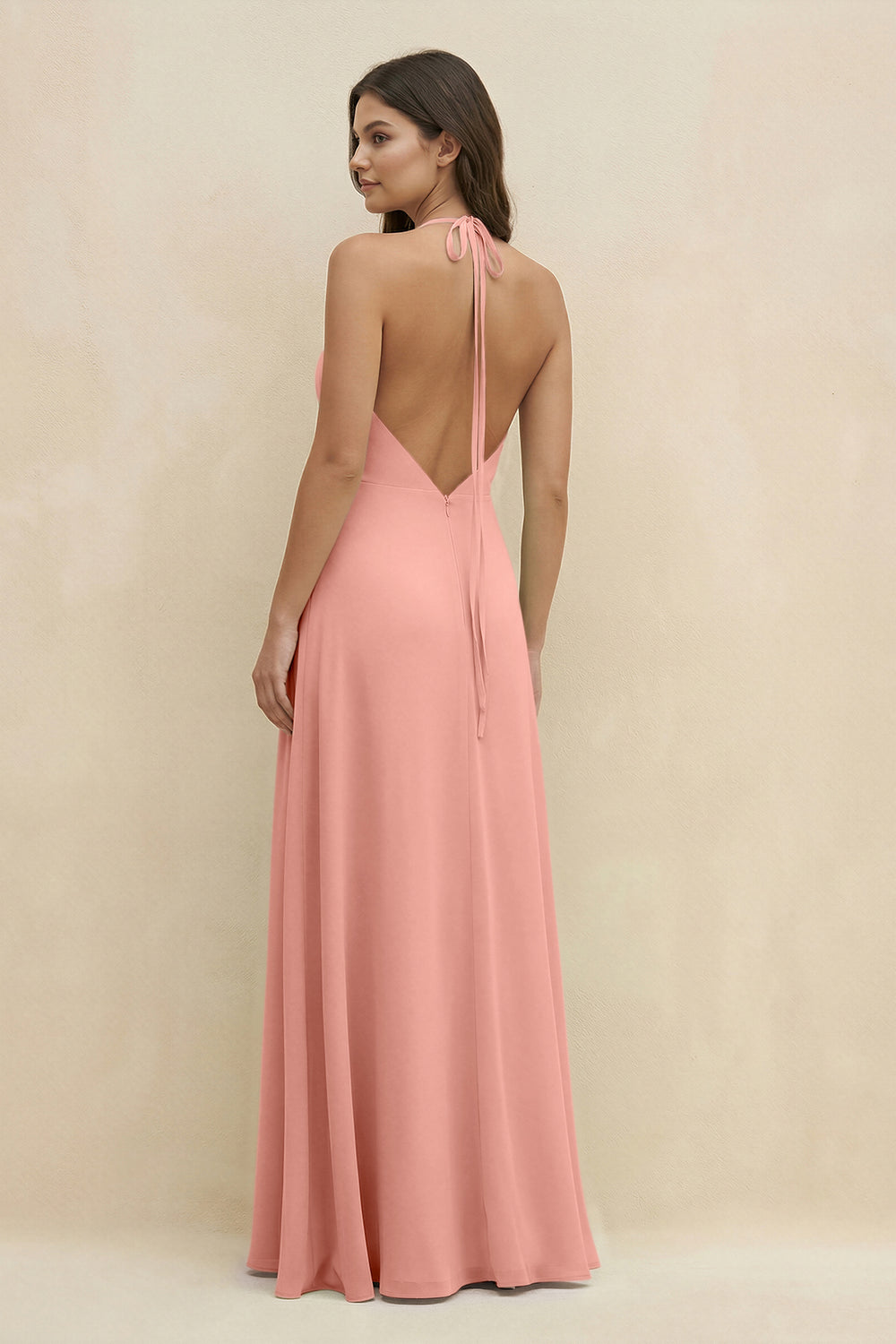 Halter Sheath Long Chiffon Bridesmaid Dress in Rosette