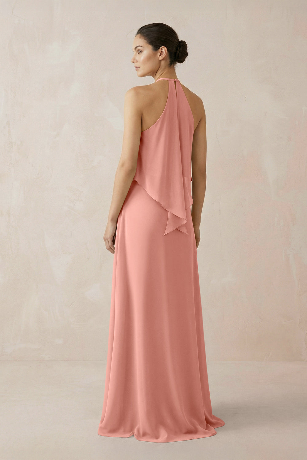 Halter Sheath Ruffled Chiffon Bridesmaid Dress in Rosette
