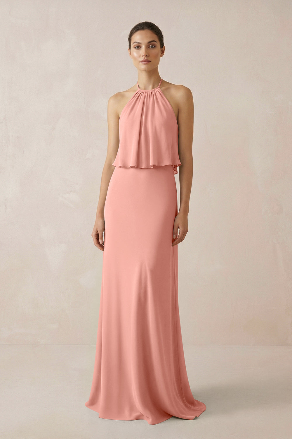 Halter Sheath Ruffled Chiffon Bridesmaid Dress in Rosette