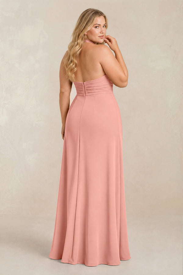 Rosette High Neck Chiffon Sheath Ruched Bridesmaid Dress (2) [sizeplus] | KISSBRIDAL