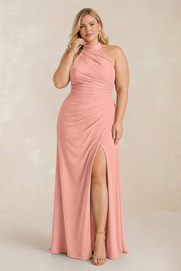 Rosette High Neck Chiffon Sheath Ruched Bridesmaid Dress [sizeplus] | KISSBRIDAL