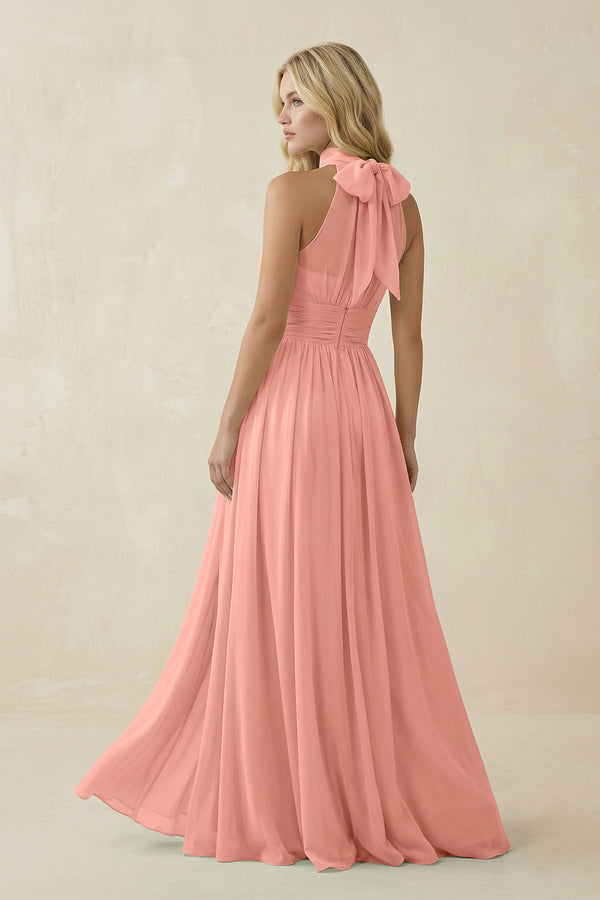 Rosette Illusion Halter A-Line Chiffon Bridesmaid Gown (2) | KISSBRIDAL