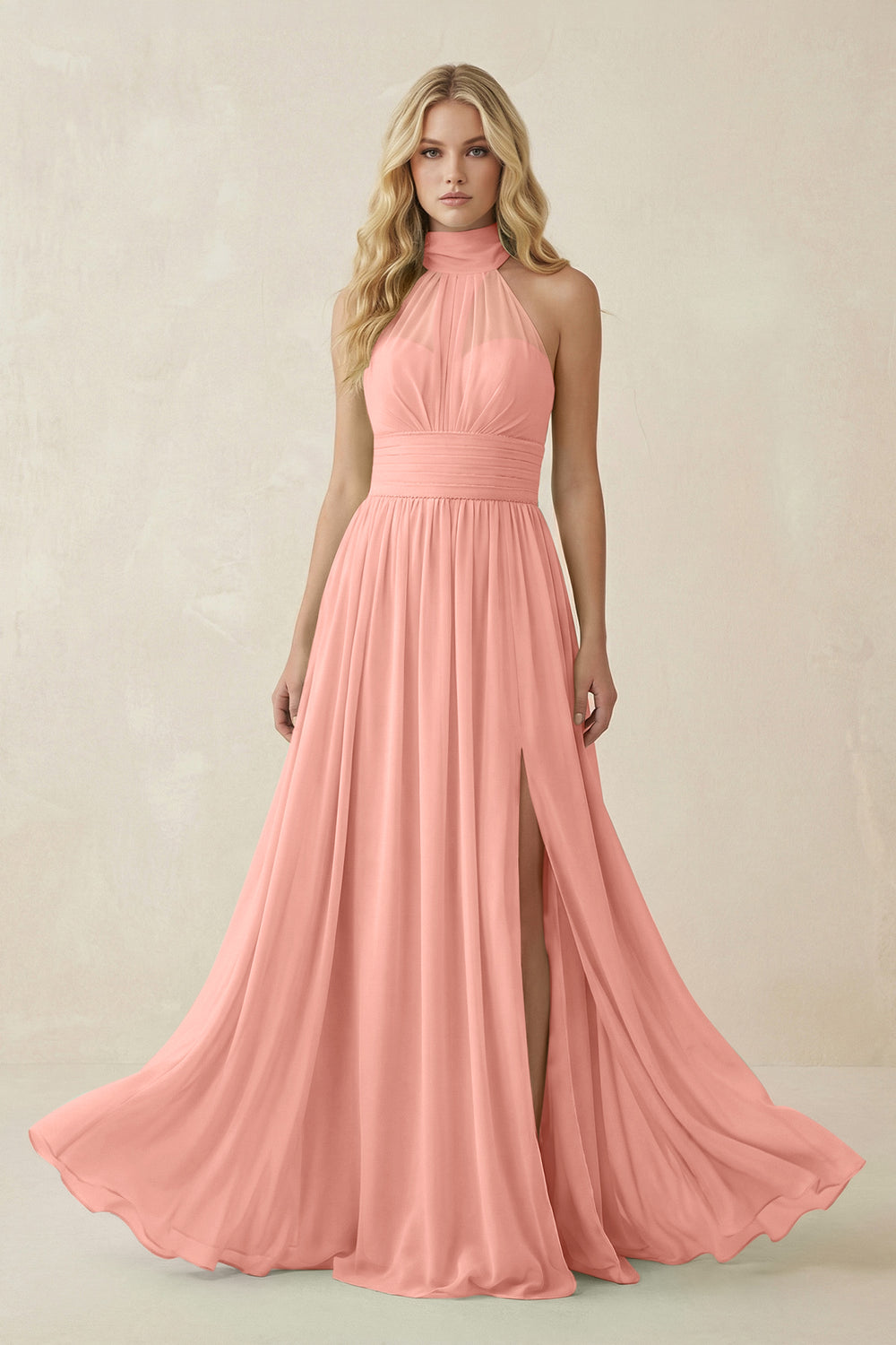 Illusion Halter A-Line Chiffon Bridesmaid Gown in Rosette