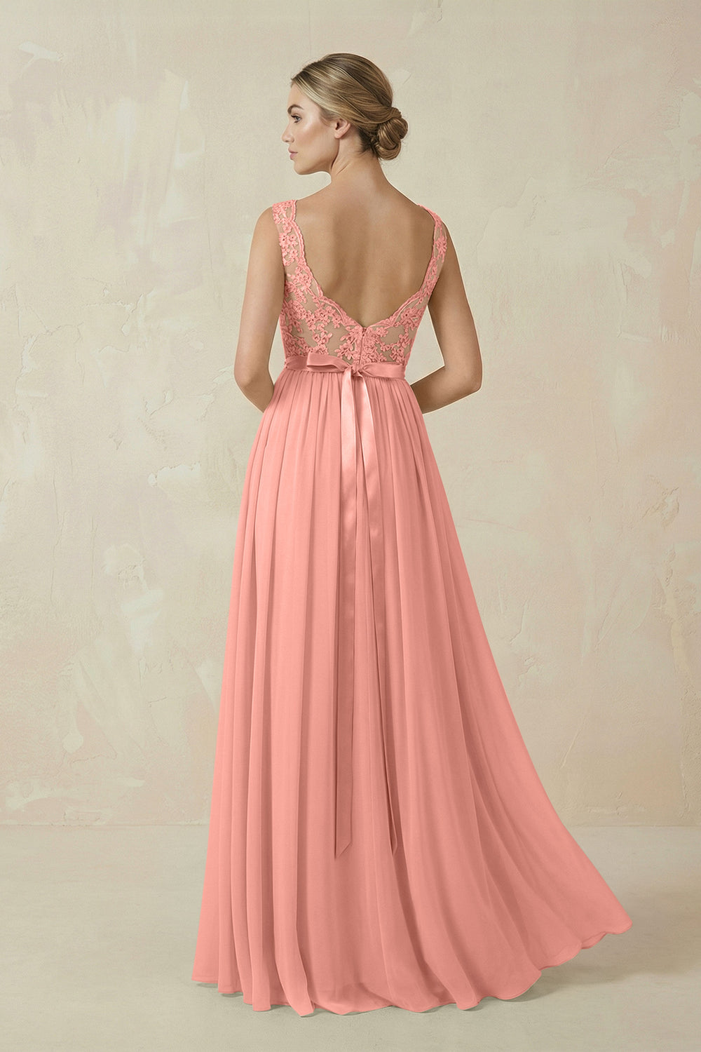 Lace A-Line Bateau Neck Chiffon Long Bridesmaid Dress in Rosette
