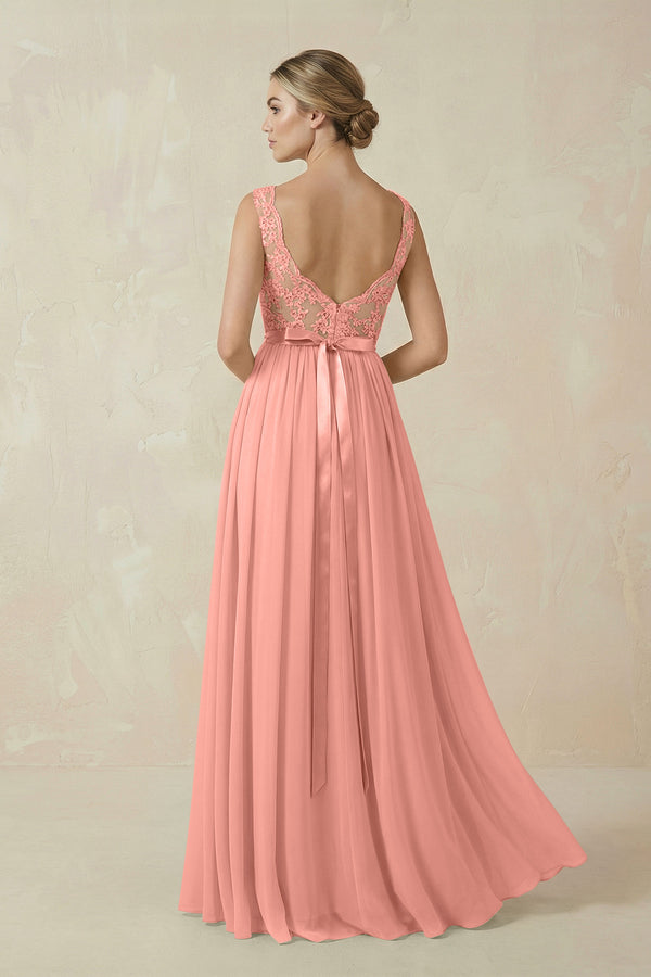 Rosette Lace A-Line Bateau Neck Chiffon Long Bridesmaid Dress (2) | KISSBRIDAL