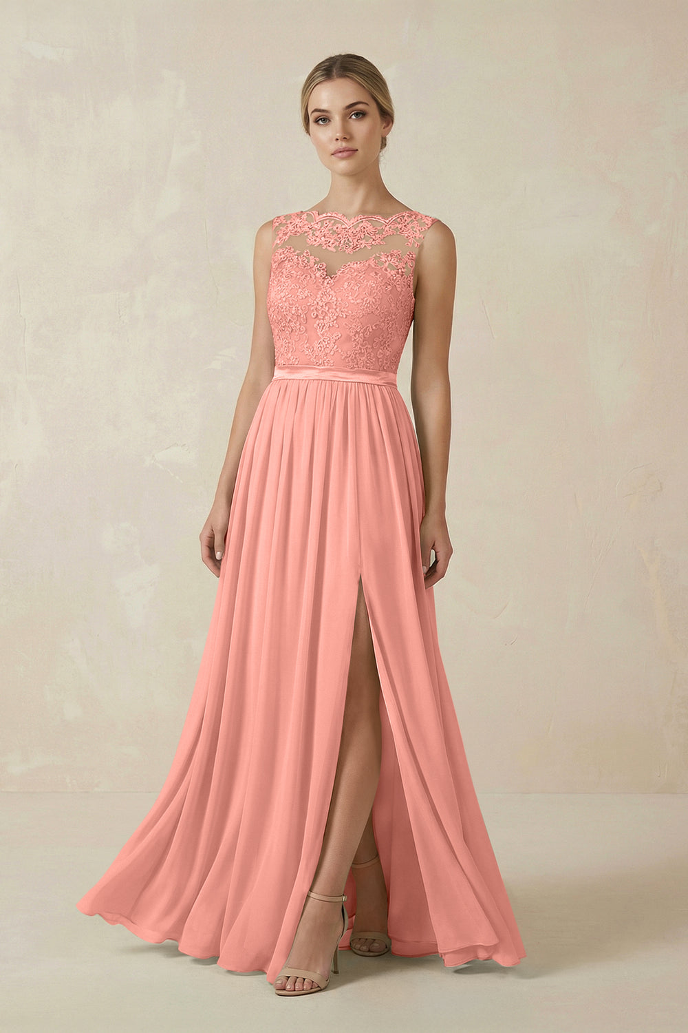 Lace A-Line Bateau Neck Chiffon Long Bridesmaid Dress in Rosette
