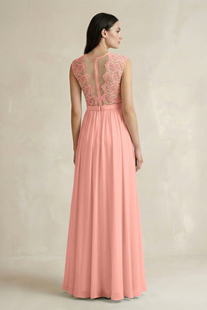 Rosette Lace Chiffon A-Line Round Neck Bridesmaid Dress (2) | KISSBRIDAL