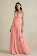Rosette Lace Chiffon A-Line Round Neck Bridesmaid Dress | KISSBRIDAL