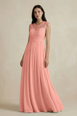 Rosette Lace Chiffon A-Line Round Neck Bridesmaid Dress | KISSBRIDAL
