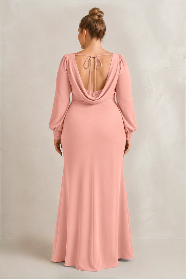 Rosette Long Sleeve V-Neck Sheath Chiffon Bridesmaid Dress (2) [sizeplus] | KISSBRIDAL
