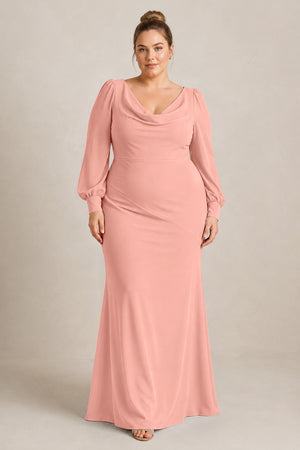 Rosette Long Sleeve V-Neck Sheath Chiffon Bridesmaid Dress [sizeplus] | KISSBRIDAL