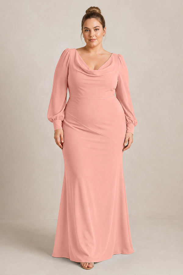 Rosette Long Sleeve V-Neck Sheath Chiffon Bridesmaid Dress [sizeplus] | KISSBRIDAL