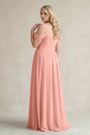 Rosette Off-the-Shoulder A-Line Chiffon Bridesmaid Dress With Slit (2) | KISSBRIDAL