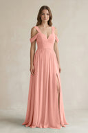 Rosette Off-the-Shoulder A-Line Chiffon Bridesmaid Dress With Slit | KISSBRIDAL