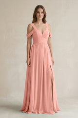 Rosette Off-the-Shoulder A-Line Chiffon Bridesmaid Dress With Slit | KISSBRIDAL