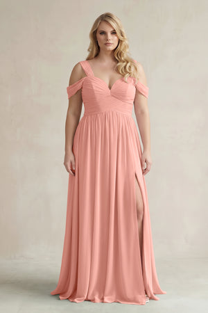 Rosette Off-the-Shoulder A-Line Chiffon Bridesmaid Dress With Slit | KISSBRIDAL