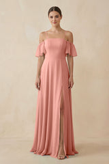 Rosette Off-the-Shoulder A-Line Chiffon Bridesmaid Dress | KISSBRIDAL