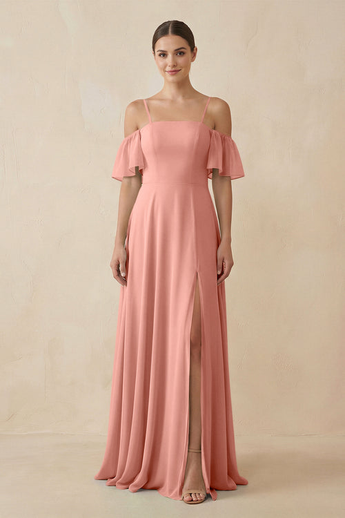 Rosette Off-the-Shoulder A-Line Chiffon Bridesmaid Dress | KISSBRIDAL