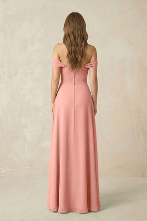 Rosette Off-the-Shoulder A-Line Chiffon Pleated Bridesmaid Dress (2) | KISSBRIDAL