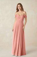 Rosette Off-the-Shoulder A-Line Chiffon Pleated Bridesmaid Dress | KISSBRIDAL
