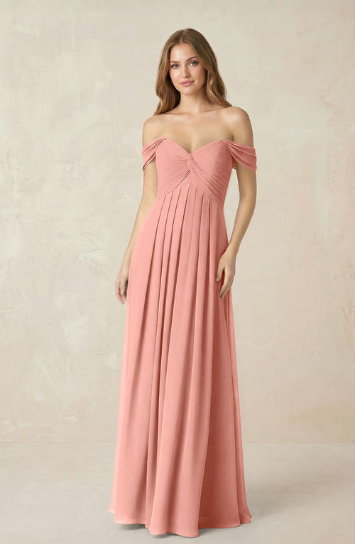 Rosette Off-the-Shoulder A-Line Chiffon Pleated Bridesmaid Dress | KISSBRIDAL